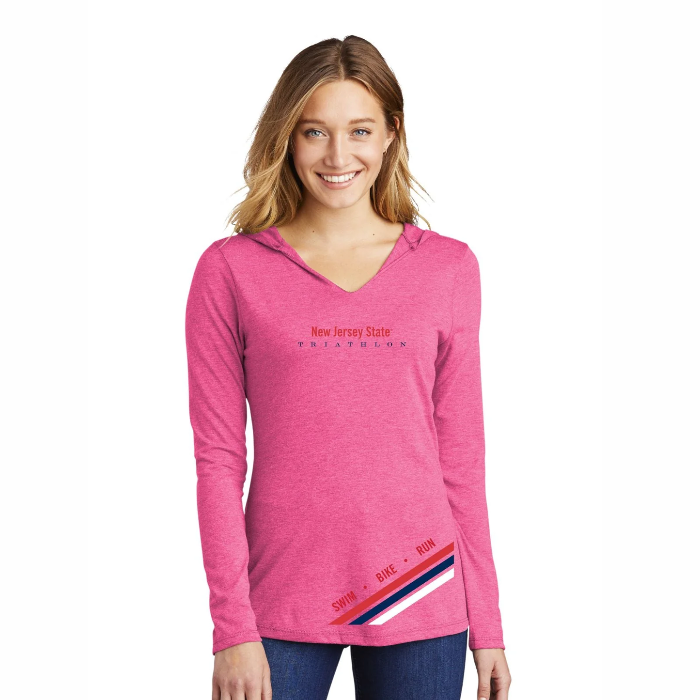 NJ State Tri Women's LS V-Neck Hooded Tee - Fuchsia Frost - Diagonal