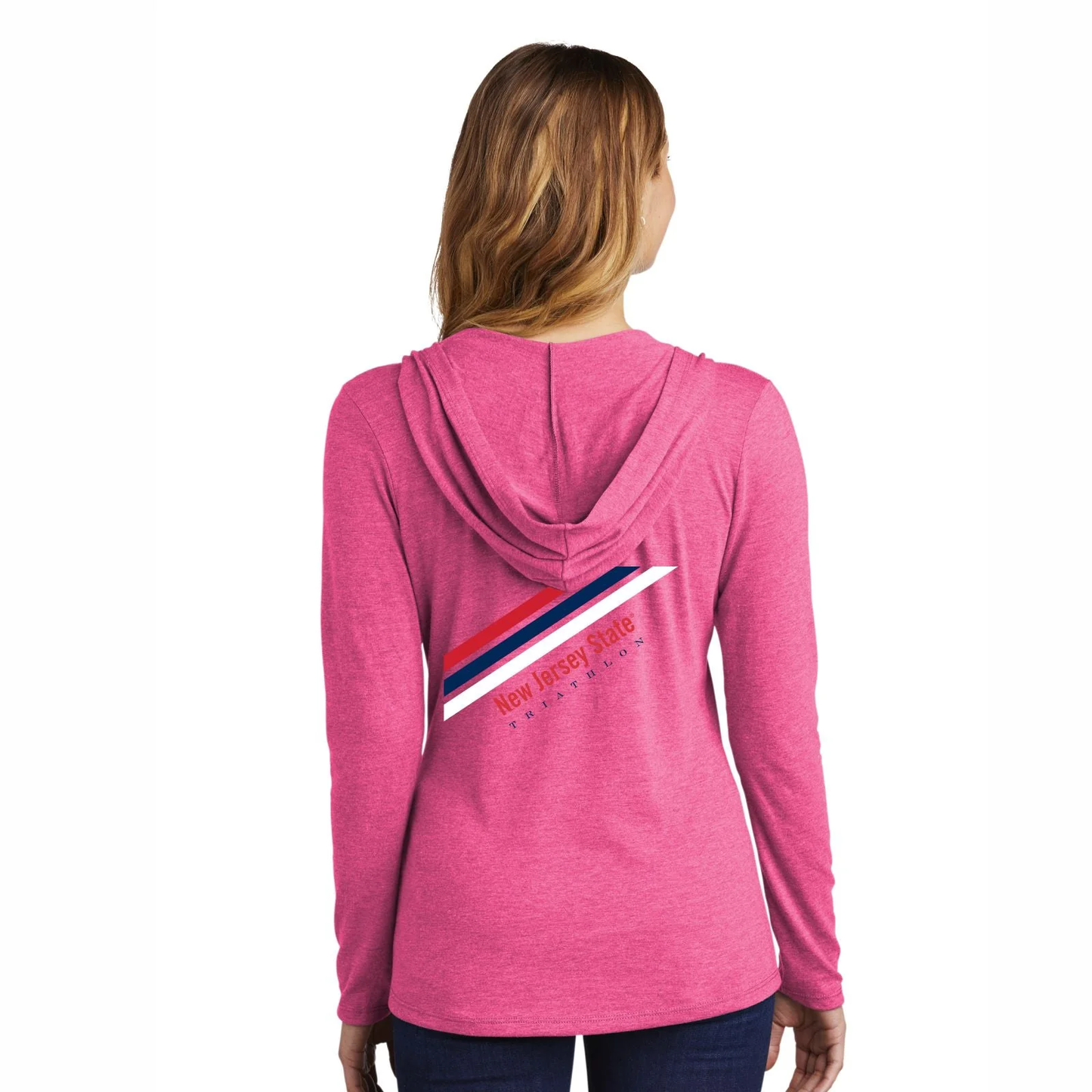 NJ State Tri Women's LS V-Neck Hooded Tee - Fuchsia Frost - Diagonal